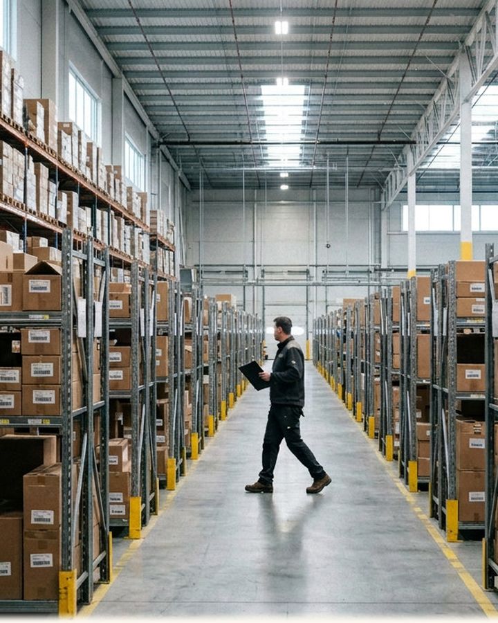 A warehouse aisle lined with stocked shelves