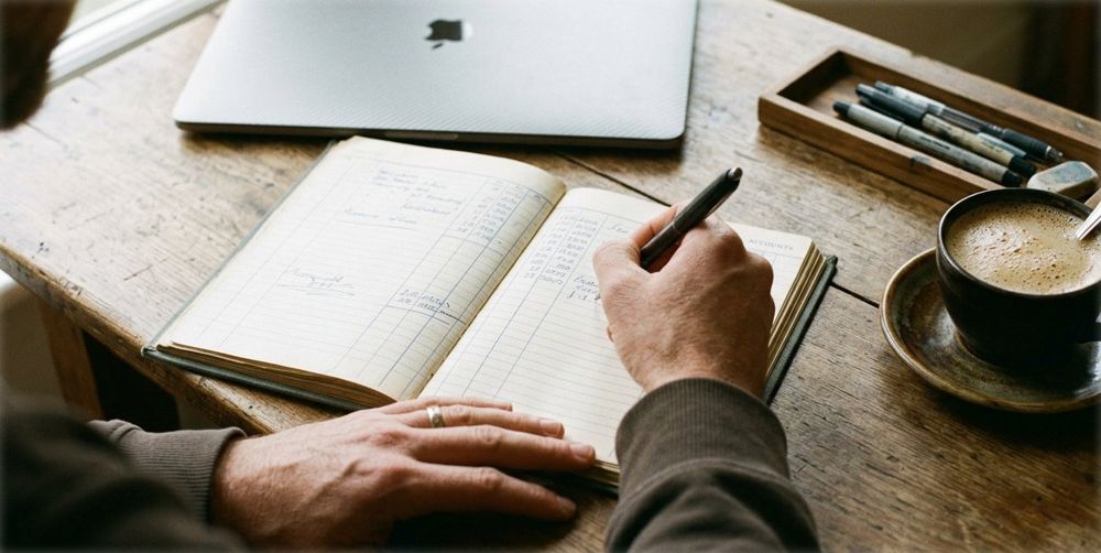 Handwritten stock records in a ledger on a desk